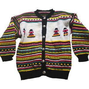 Vintage Handmade Chunky Knit Cardigan Mexican Sweater Pinatas Damas Llamas